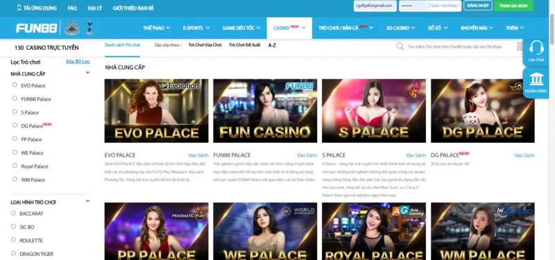 Khám phá sơ lược về sảnh casino tại Fun88 đăng nhập cho các cược thủ