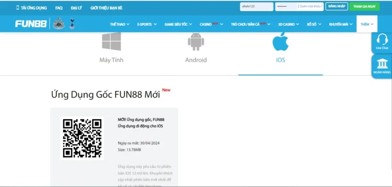 Tải app Fun88 về điện thoại có hệ điều hành IOS
