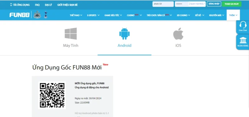 Tải app Fun88 về điện thoại có hệ điều hành Android